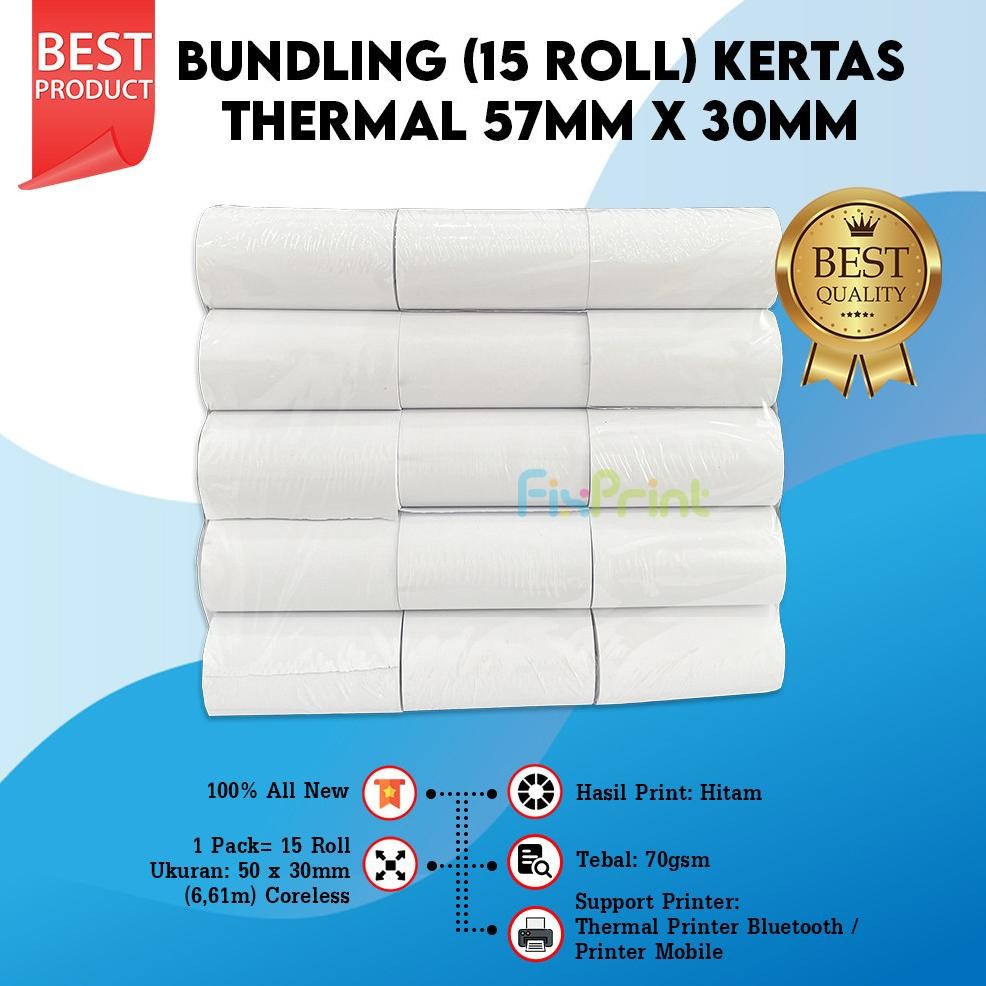 

Paket 15 Roll Kertas Struk Kasir ukuran 57mm x 30mm 57 mm x 30mm Printer Thermal Iware 58mm EDC Tanpa Core Polos AST