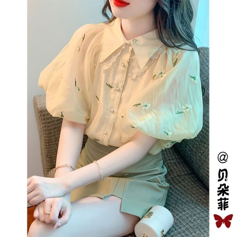 Blus Chiffon Gaya Prancis untuk Wanita, Atasan Lengan Pendek Mewah Baru dengan Lengan Puff yang