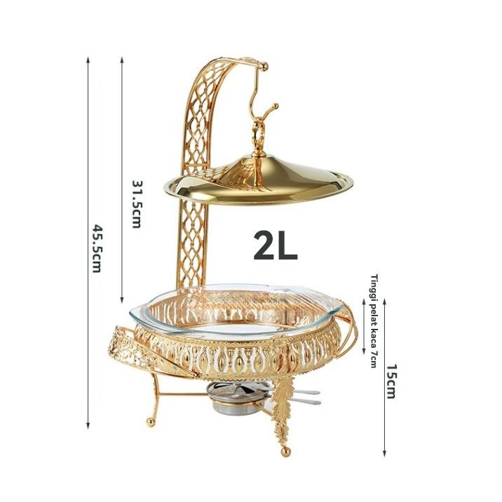(Ready) Food Warmer Wadah Kaca Tebal Gold Gold Rolltop Hanging Chafing 2L/3L Cover Chafer Perasmanan
