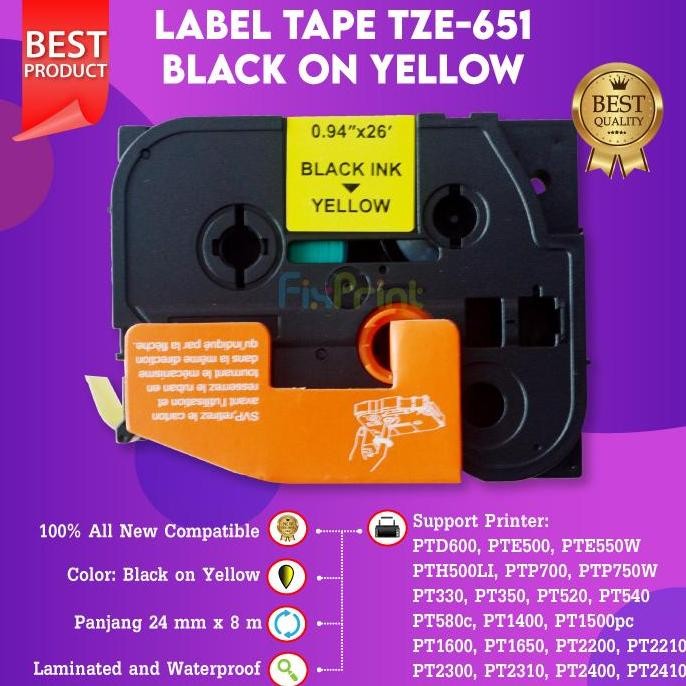 

TERMURAH Label Tape TZE-651 24MM Black On Yellow PT-P750W P950NW P900W