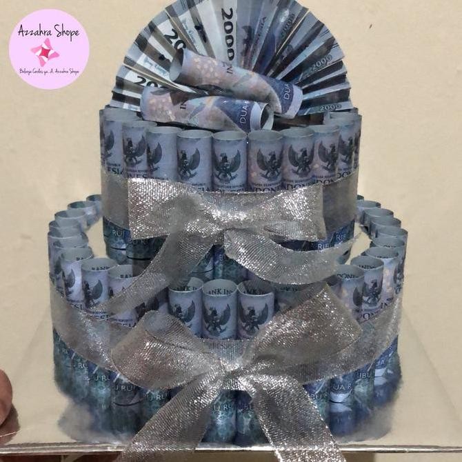 HARGA DISC - Money Cake Ultah 2 Rban Total 120 Rb Dengan Desain Uang 2000 Dan Pita Silver Moneycake 