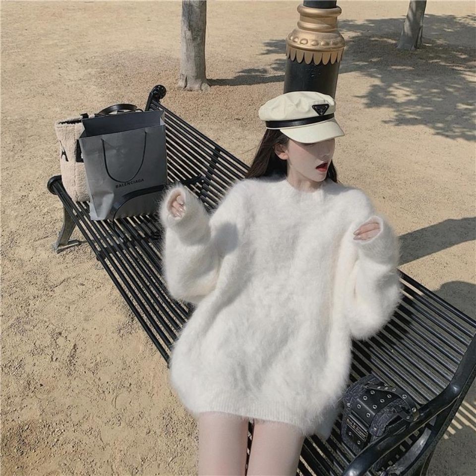 Sweater Kasmir Mink Longgar Gaya Malas Wanita/Sweater Rajut Berlapis Fleece Panjang Sedang untuk Pak