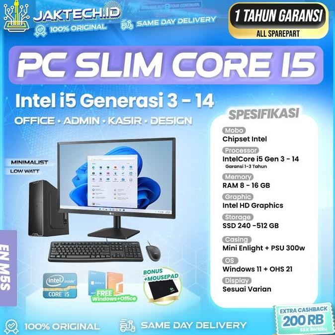 Mini PC Rakitan Intel Core i5 / Ram 8GB / SSD / Layar 22" / Slim