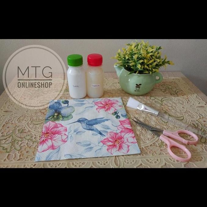 

baru Paket Decoupage Hemat / Tissue Motif, Lem, Varnish Bahan Decoupage