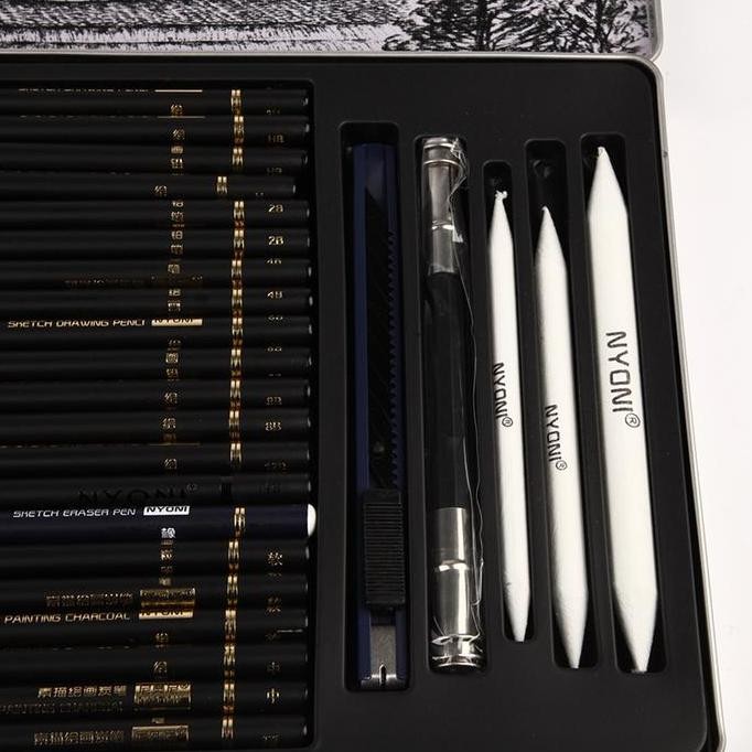 

ready Nyoni Drawing Pencil Gambar Set 29PCS Drawing Sketch Pencil Set Tin Box Pensil Gambar