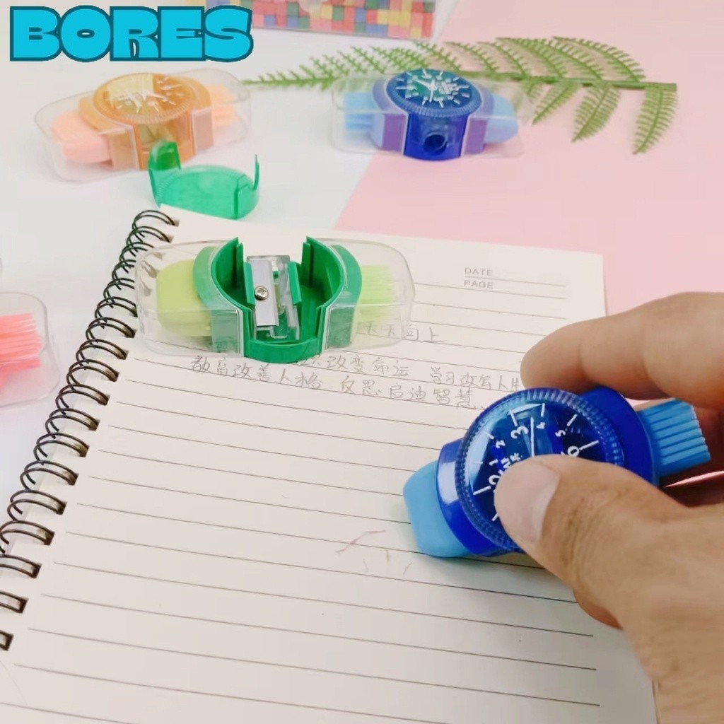 

BORES Rautan Pensil Manual dengan Penghapus dan Sikat Pembersih Model Jam Tangan Multifungsi Serutan Pensil Mekanis 3in1 Warna-Warni untuk Perlengkapan Sekolah Anak-anak