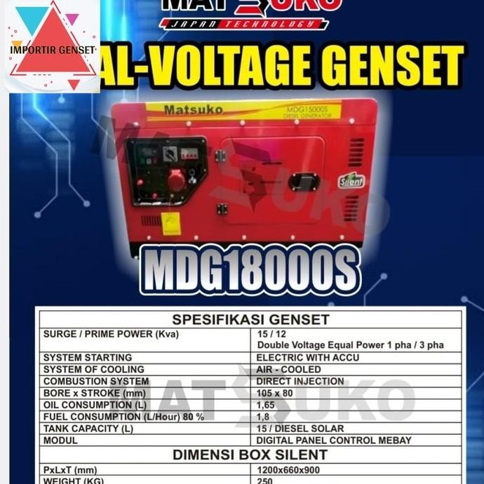 

Terlaris Genset Silent 15 Kva 1 Phase & 3 Phase Matsuko Mdg18000S