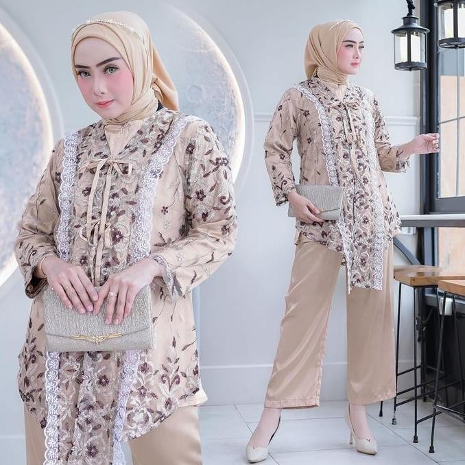 Puspa One Set 3in1 Tunik Celana Free Belt Outer Inner Tile Brokat Saten Velvet Premium Baju Lebaran 