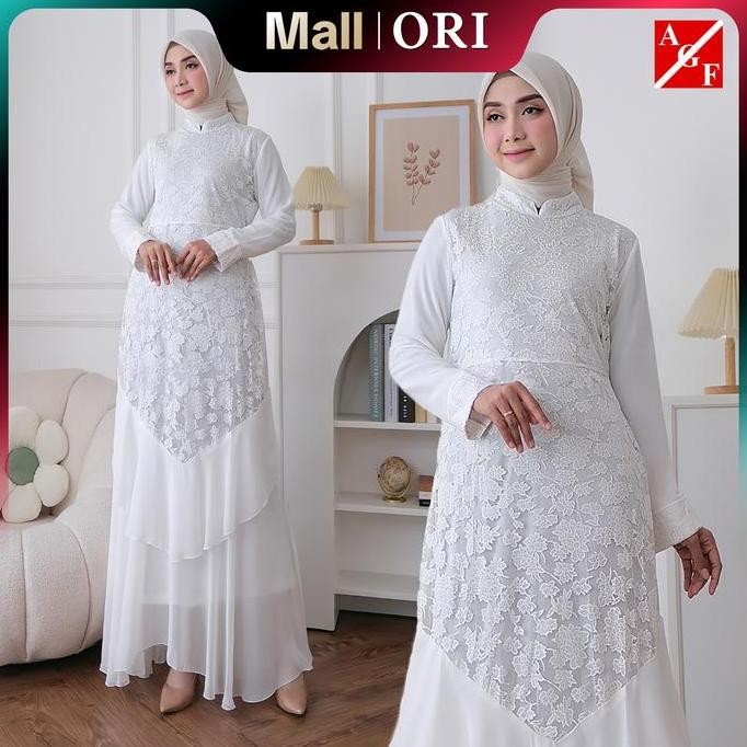 Agnes Hijab - Alisha Dress Gamis Lebaran 2025 Idul Fitri Putih Premium Aesthetic Wanita Dewasa Remaj