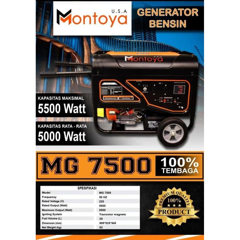 

Terlaris Genset 7 Kva 5000 Watt Montoya Garansi 100 % Tembaga 5 Kva Mg 7500 ( Bensin )
