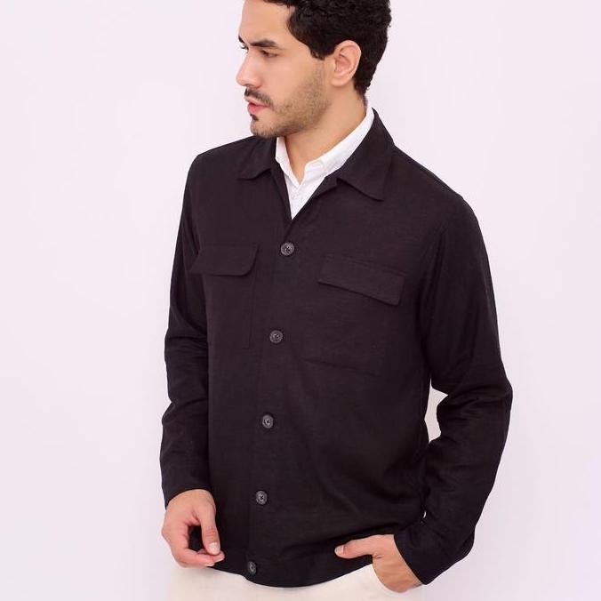 Grosir Remedy Jaket Kemeja Outer Linen Pria Warna Hitam - Elbrus Linen Shirt Jacket