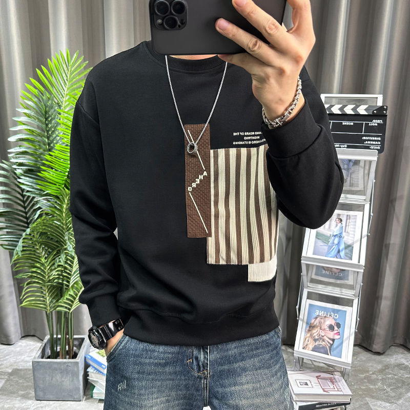 Sweatshirt Lengan Panjang Leher Bulat Pria/Jaket Bordir Patch/Atasan