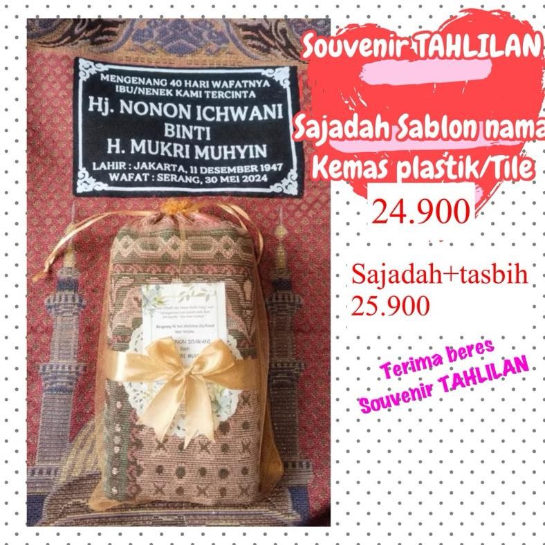 SOUVENIR SAJADAH SABLON NAMA +Tasbih ALMARHUM TAHLILAN 40 100 harian AST