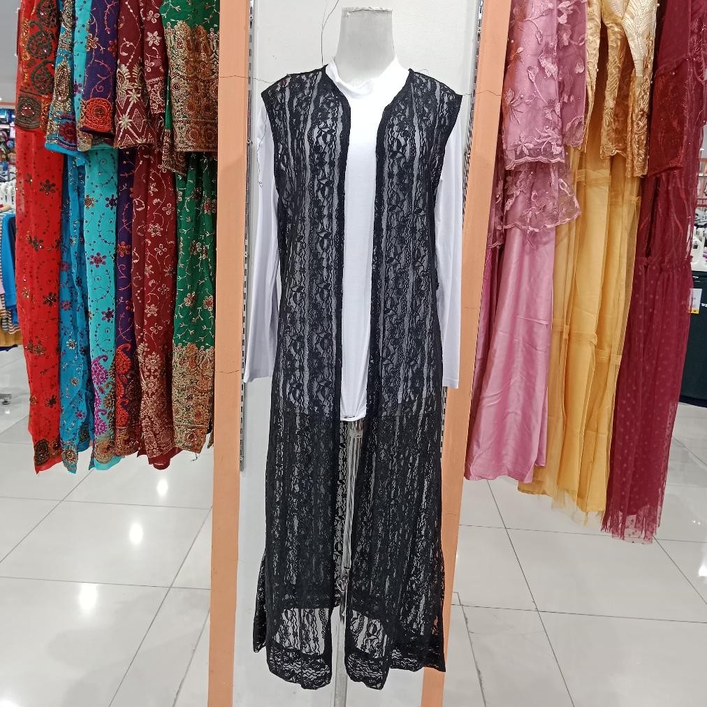 Rompi Long Cardigan Brukat Tanpa Lengan Kekinian / Rompi Cardigan Brukat Panjang Hitam AST