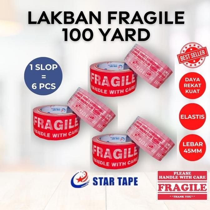 

(1Slop Isi 6) Lakban Fragile Unboxing, Merah, Putih 100Yard (Lebar 48Mm & 45Mm) Merah, Putih, Merahputih Star Tape Daya Rekat Kuat Co