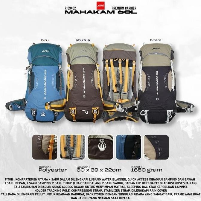 Carrier Premium Arei Mahakam 60 Liter Tas Gunung 60L Kerir Keril Backpack Tas Punggung Camping Ranse
