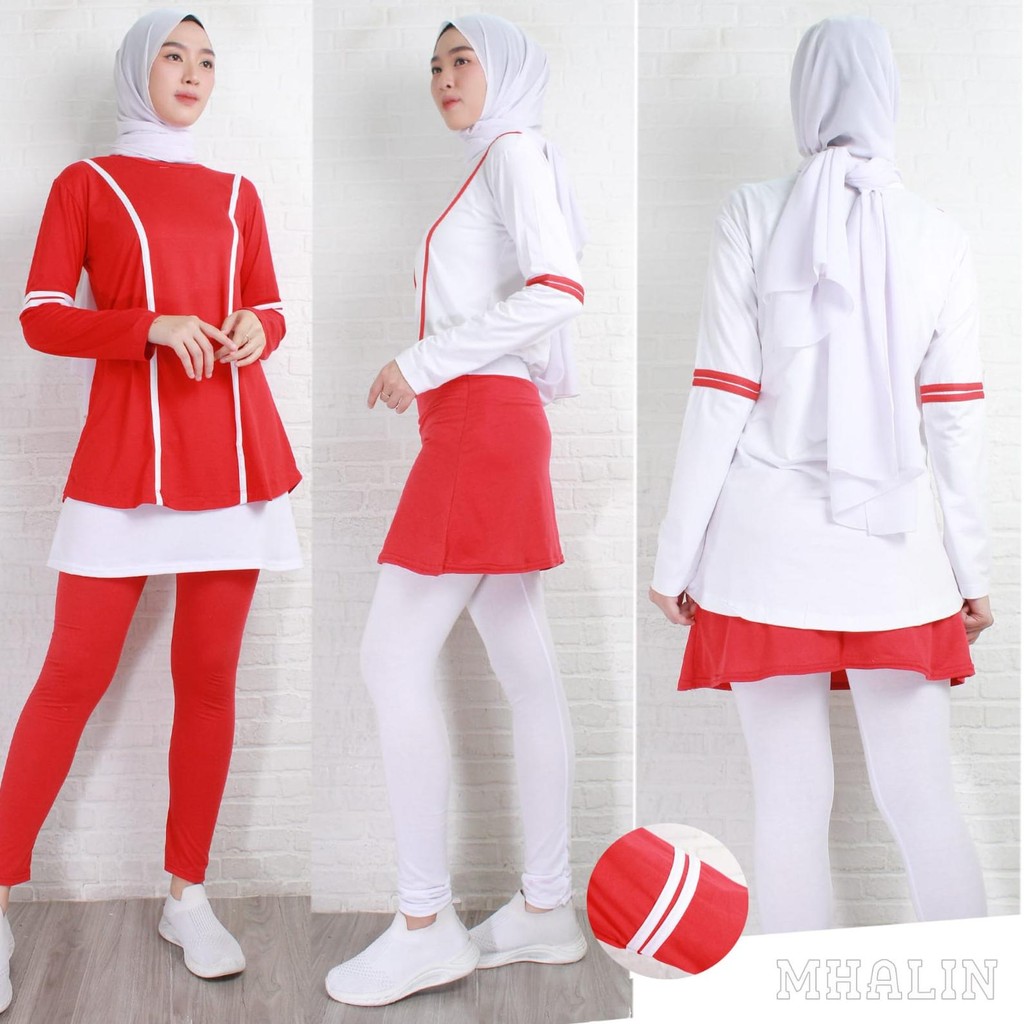 SETELAN SENAM WANITA MERAH PUTIH LENGAN PANJANG - BAJU SENAM WANITA MUSLIM