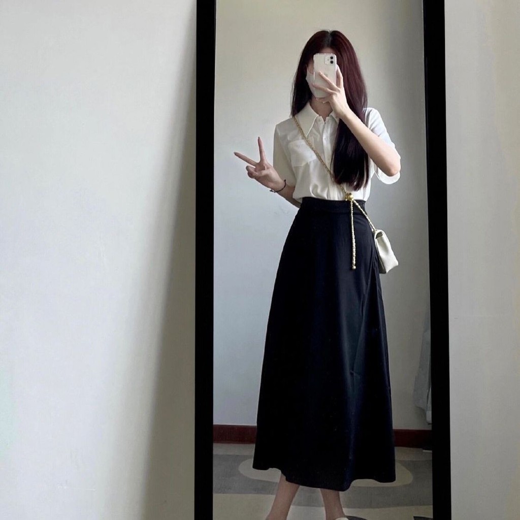 Cool GirlRok Wanita Model A Model Kuliah Warna Hitam Rok Panjang Sedang Yang Longgar Dan Sederhana R