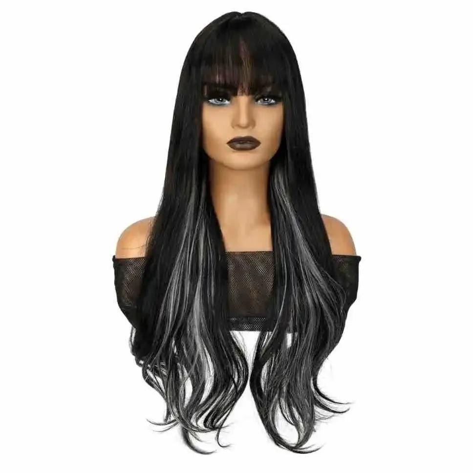 Long Wave Women's Wig Silver Grey Highlight Ombre Hairnets Rolling Wave Whole Head Cover Fake Hair S