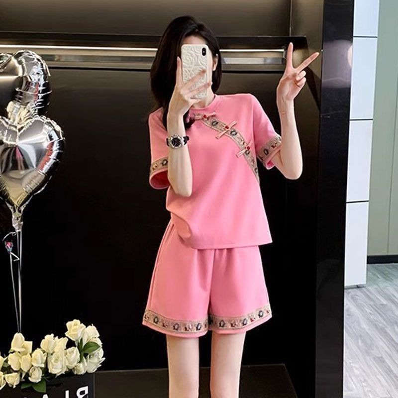 Lengan Pendek Bordir Wanita+Set Dua Potong Celana Santai Olahraga