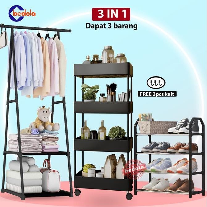 Bedola combo 3 in 1 (COD) triangle rak baju + square rak susun serbaguna 4 tingkat + rak sepatu 4 ti