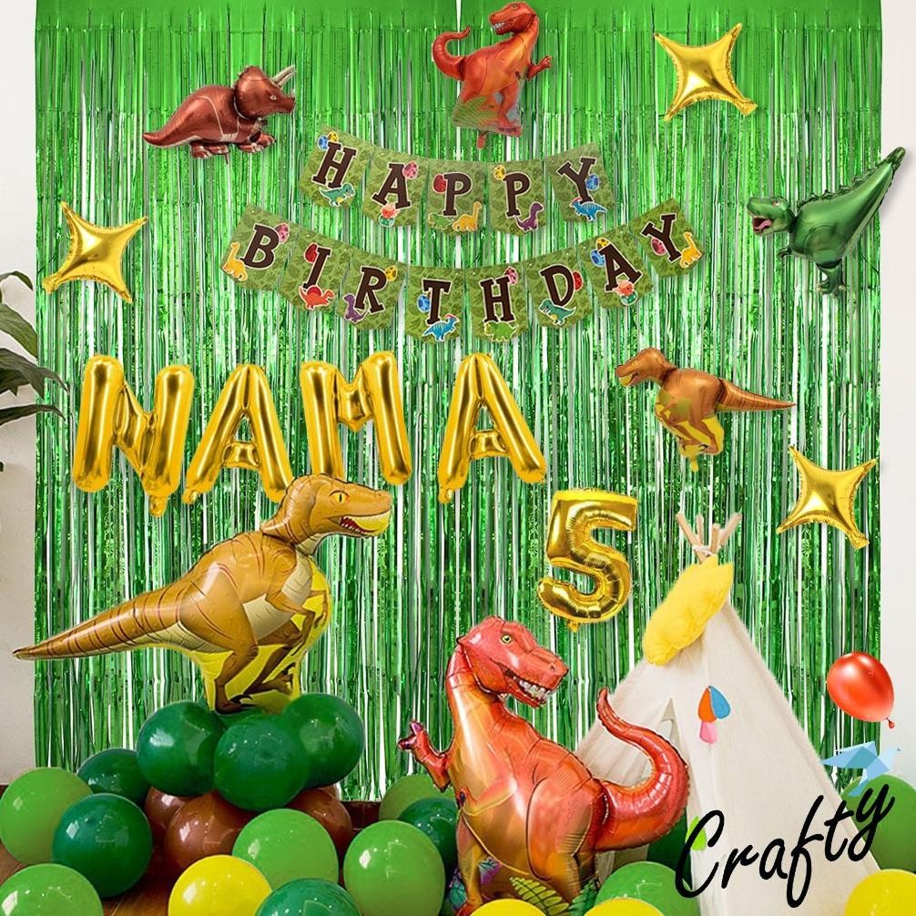 [Paket] Birthday Set Banner Dino Green Curtain Dekorasi Pesta Backrop Ulang Tahun Anak