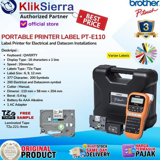 

Printer Label BROTHER PTouch PT-E110 | PTE110 Handheld Portable Label printer For Electrical & Datacom installations with TZE Tape Label Sticker Max 12mm Stiker Laminated & Waterproof