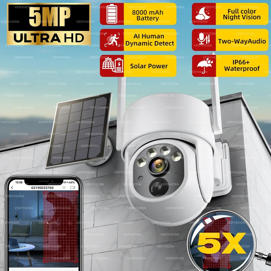 5Mp Ip Solar Power Wifi Camera Ptz Outdoor Ip66 Waterproof 8000Mah Built-In Battery Surveillance Cam