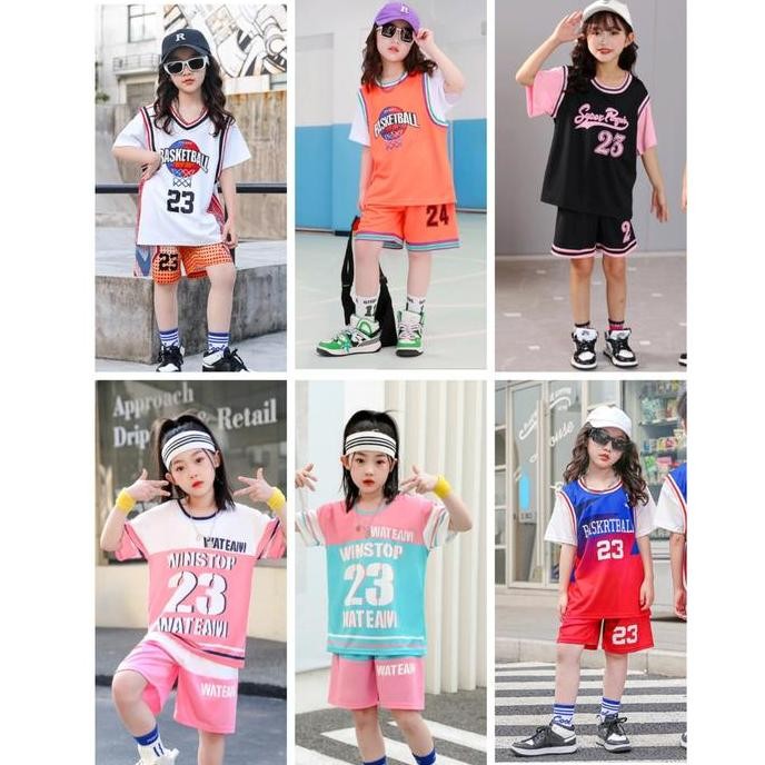 TERBARU - Baju anak impor Jersey kostum basket pakaian perempuan pink setelan basketball lengan