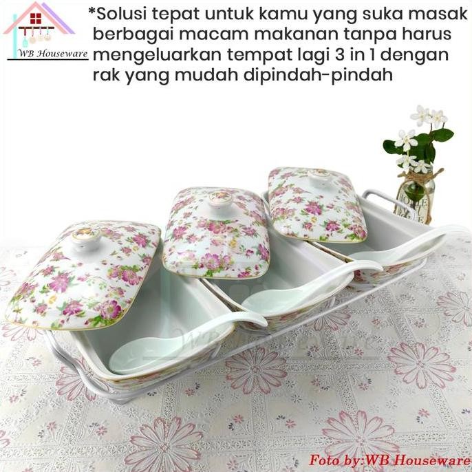 VICENZA wadah saji set isi 3 + rak motif melati / pemanas makanan / casserole food warmer keramik BA