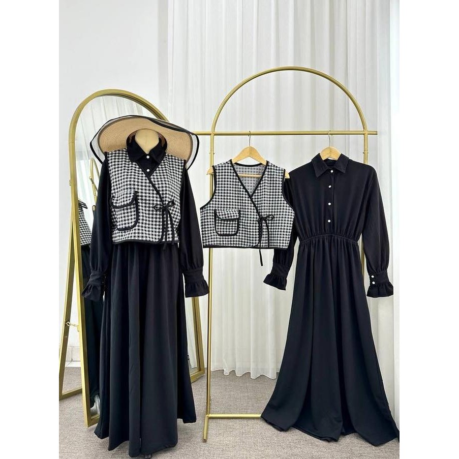 Ready Stock Yoona Dress Gamis Wanita Muslimah Jumbo Overall 2 In 1 Vest Gingham Rompi Motif Kotak Al