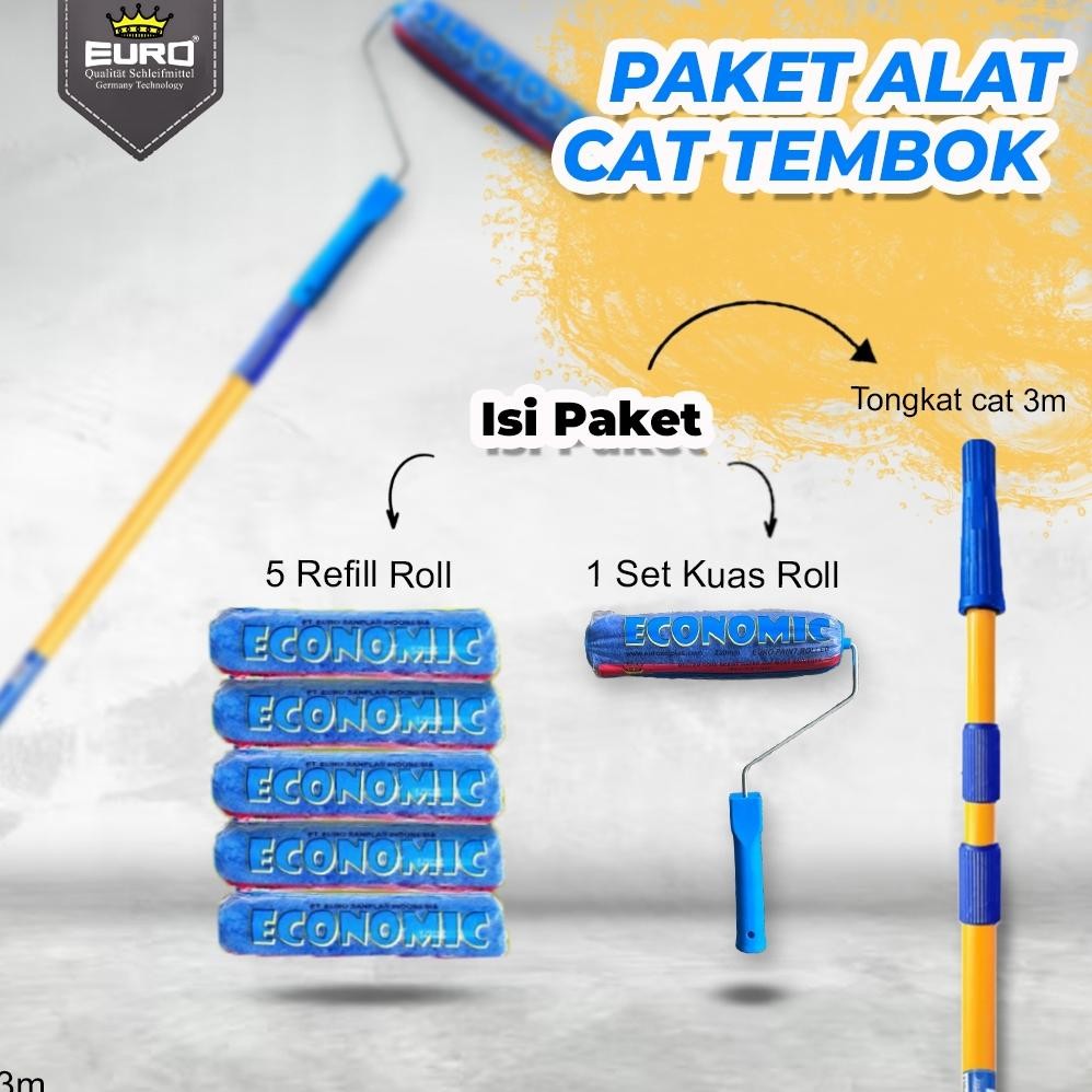 PAKET Alat Cat Tembok Hemat Pertukangan Untuk Cat Tembok Rumah berkualitas TONGKAT, SET ROLL, 5 REFI