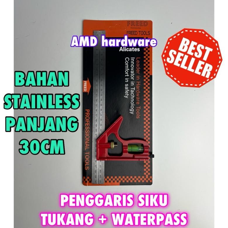 

JH8 Penggaris Siku Tukang / Combination Try Square Stainless Steel 12" Inchi 30 cm Kombinasi Waterpass