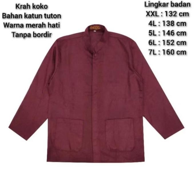 Koko Pria Lengan Panjang Jumbo Big Size Polos Tanpa Bordir Warna Merah Hati / Marun Bahan Katun Two 