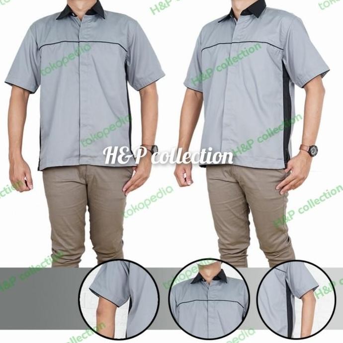 KEMEJA SERAGAM KERJA ABU POLOS COMBI BIRU.