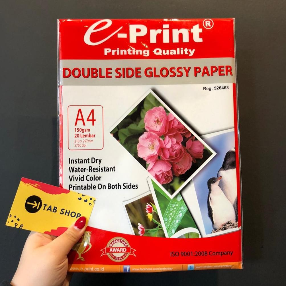 

JH8 TAB SHOP - EPRINT KERTAS FOTO GLOSSY 2 SISI A4 150 GSM - E-PRINT DOUBLE SIDE GLOSSY PAPER 150 GSM A4 20 LEMBAR