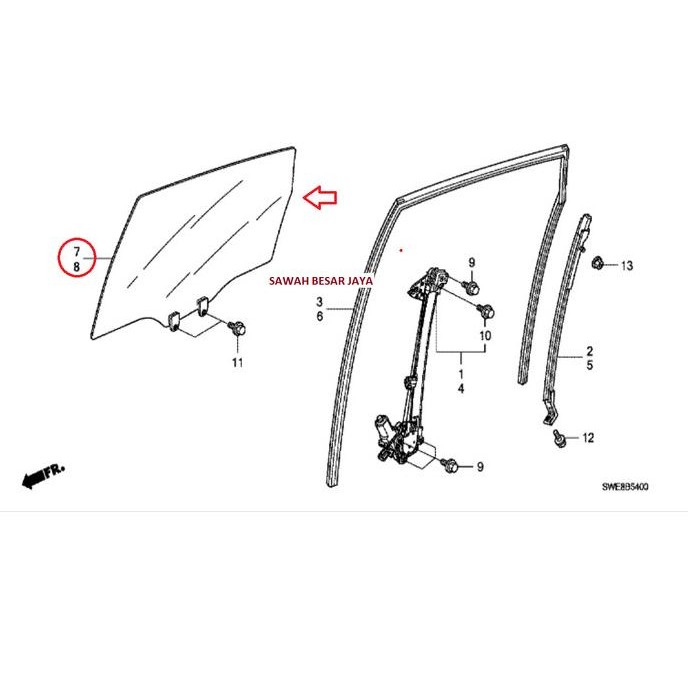 Kaca Pintu Samping Depan Atau Tengah Honda Crv Cr-V Re Gen.3 2007 2008 2009 2010 2011 2012 Original 