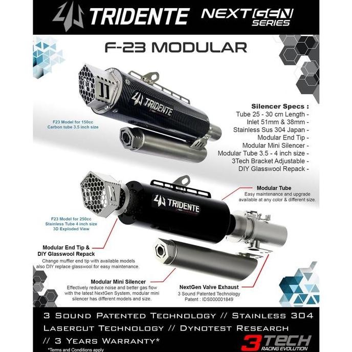 Knalpot 3 Suara 3Tech Tridente F23 Modular Next Gen Series Untuk Motor terlaris