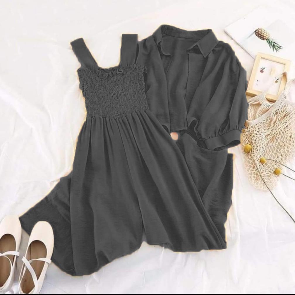 Pakaian Setelan Jumsuit Cewek Simple Kekeinian ( Isi Jumpsuit + Outer ) / Set Pakaian Kodok Wanita J