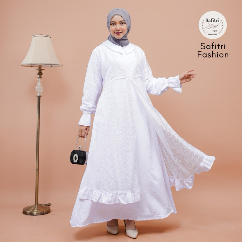 HELWA DRESS Gamis bahan crinkle airflow putih bersih broken White putih tulang hitam brukat malika