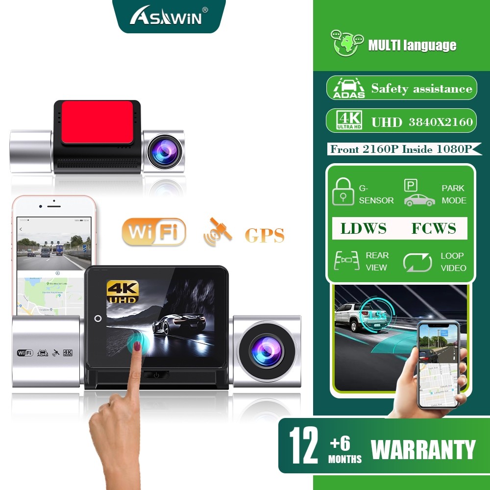 Kamera Dasbor GPS 4K Asawin A7 Wifi ADAS LDWS FCWS DVR Mobil Layar Sentuh IPS 2,35" Depan Dan Dalam 