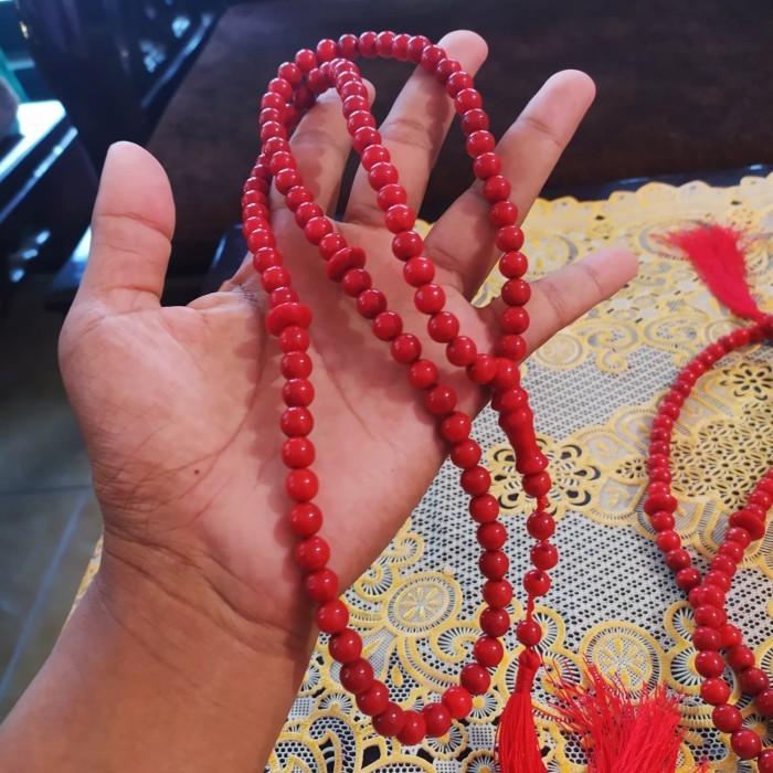 Tasbih Red Coral Marjan Dim 10 Mm Muslim Asli Batu Karang Original