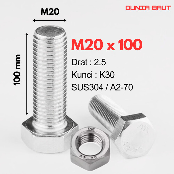 Baut Hex Stainless M20X100 - Baut Hexagon 20X100 / M20 X 100 / 20 X 100  SS304 / SUS304 / A2-70 Full