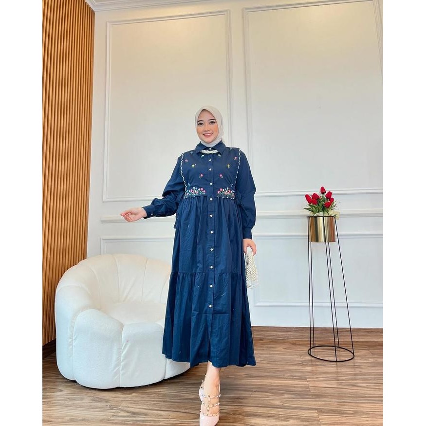 Terbaru Windia Gamis Wanita Alora Dress Bordir Katun Twill Premium Busui