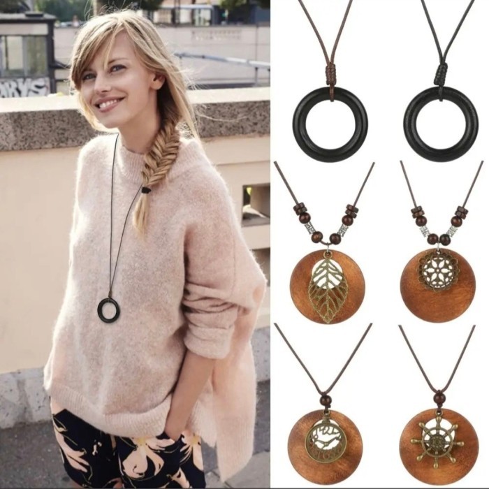 Kalung Kayu Etnik Kalung Bohemian Tali Panjang Wooden Leaves Necklace Best Seller