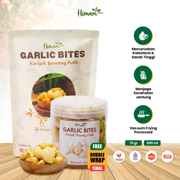 

TERLARIS KERIPIK BAWANG PUTIH HIMARI GARLIC BITES SNACK CEMILAN SEHAT KEMASAN POUCH 70GR DAN TOPLES