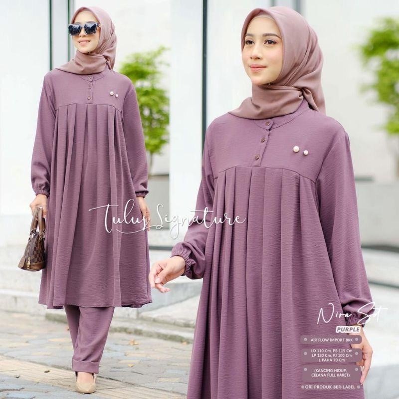 Stln Atasan Bawahan Bju Panjang Setelan Dewasa 1Set Celana Oneset Lebaran Remaja Prmpuan Baju Tunik 
