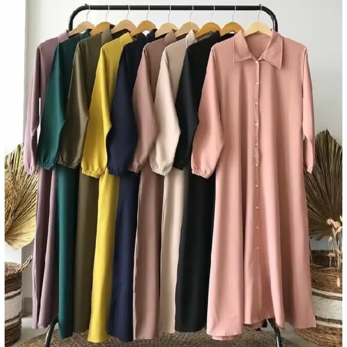 Gamis Polos Full Kancing Rayon Twill Wanita Premium Lengan Panjang