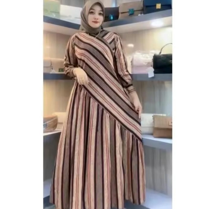 Tunik Salur Jumbo Ld 125 Rayon Viscose Wanita Lengan Panjang Gamis Ayomi Gamis Kekinian Model Stripe