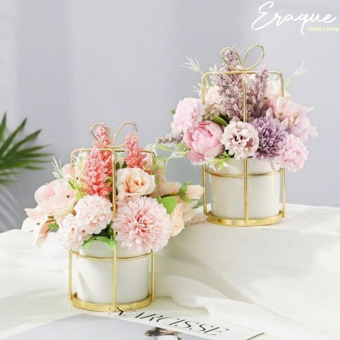 Arya Potted Flower / Pot Vas Putih Keramik Bunga Artificial Mewah Unik